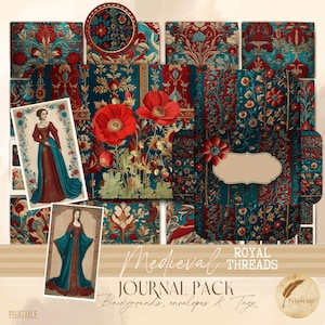 Digital Medieval Red and Teal Junk Journal Kit | Vintage Ephemera, Tags, Envelopes | Printable Scrapbook Paper | Collage Sheets Download