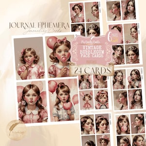 May include: A collection of vintage-style journaling cards featuring illustrations of young girls with bubblegum and portraits of women. The cards are in shades of pink and beige, with the text "JOURNAL EPHEMERA Journaling Cards" and "VINTAGE BUBBLEGUM FACE CARDS".