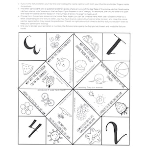 May include: A black and white cootie catcher fortune teller game with a summer theme. The fortune teller has six flaps with different questions and answers on each flap. The questions include: "Why did the tomato turn red?", "Why was the math book sad in the summer?", "Why did the bicycle fall over?", "Why don't oysters share their pearls?", "What did one ocean say to the other?", and "What did the big flowers say to the little flowers?"