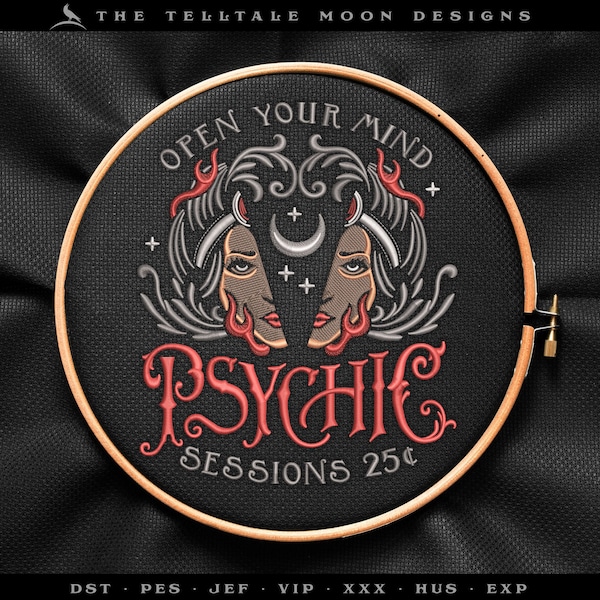 Embroidery: "Psychic Sessions" Dark Vintage Design - Three Sizes at 6, 7, and 7.75 Inchesl - Six Thread Colors