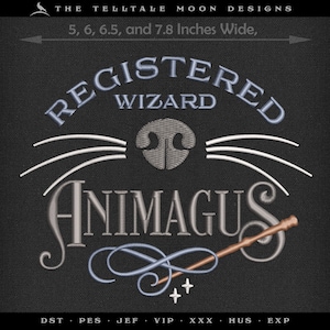 May include: Embroidered design for a registered wizard animagus. The design features a cat nose and whiskers, a wand, and the text "Registered Wizard Animagus". The design is available in sizes 5, 6, 6.5, and 7.8 inches wide.