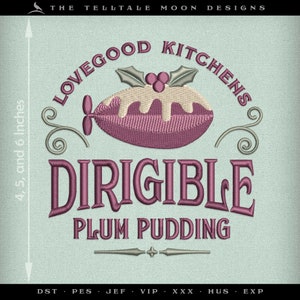 以下が含まれることがあります： クリスマスプディングとホーリーの枝、そして「Lovegood Kitchens Dirigible Plum Pudding」というテキストが描かれた、キッチンタオルやティータオル用の刺繍デザイン。デザインは4.5、5、6インチです。