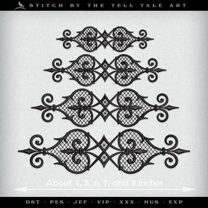 May include: Black embroidery designs featuring intricate scrollwork and lattice patterns. The designs are approximately 10, 13, 15, 18, and 20 cm in length. The text "STITCH BY THE TELL TALE ART" is at the top.