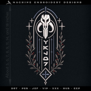 May include: A machine embroidery design featuring a white Mythosaur skull emblem centered within an arched frame, flanked by leafy branches with red accents. The text YK707 is vertically aligned below the skull. Includes 5, 6, 7, 8, 9, 11, 14, and 18 inches.