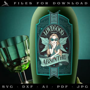 May include: A green glass bottle with a vintage-style label featuring a fairy with wings and the text "LOVEGOOD FAMILY ABSINTHE". The label also includes the text "SINCE 1991", "15% ALC", and "750 MIL".