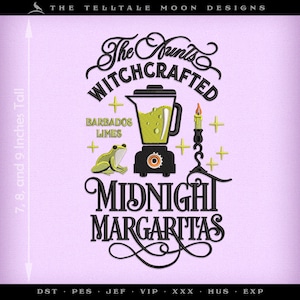 Embroidery: &quot;Midnight Margaritas&quot; Witchy Design - Three Sizes Between 7 and 9 Inches - Five Thread Colors
