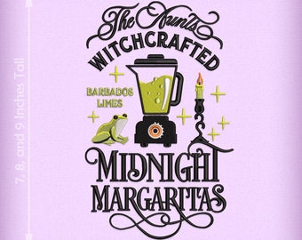 Embroidery: &quot;Midnight Margaritas&quot; Witchy Design - Three Sizes Between 7 and 9 Inches - Five Thread Colors
