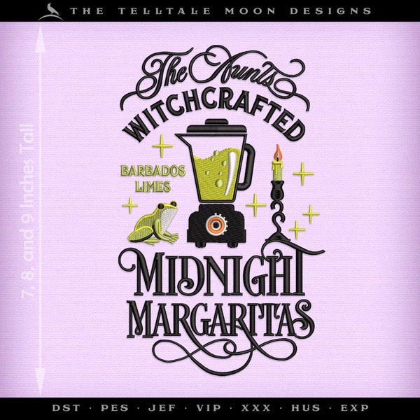 Embroidery: "Midnight Margaritas" Witchy Design - Three Sizes Between 7 and 9 Inches - Five Thread Colors