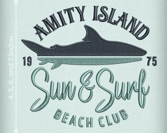 Embroidery: Retro Style &quot;Amity Island Sun & Surf&quot; Horror Humor - 4, 5, 6, and 7 Inches - Two Thread Colors