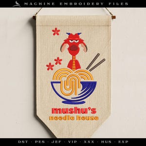 Embroidery: Fun "Noodle House" Design - Sizes 5 to 10 Inches Tall, Plus Pocket Version - Eight Thread Colors