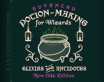 Embroidery: &quot;Potion Making for Wizards&quot; - 6, 7, 8, 9, and 11 Inches Tall - Up to Five Thread Colors