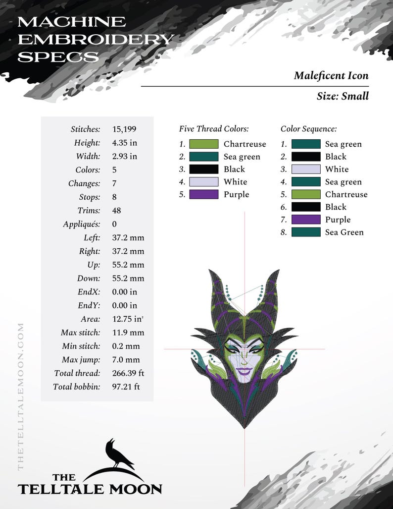 May include: Machine embroidery specifications for a Maleficent icon, size small. The design is 4.35 inches high and 2.93 inches wide, using five thread colors: chartreuse, sea green, black, white, and purple. The design has 15,199 stitches.