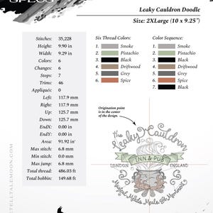 May include: Machine embroidery design for a Leaky Cauldron pub logo. The design features a cauldron with steam rising from it, surrounded by text that reads "The Leaky Cauldron Inn & Pub" and "Magical Meads, Meals, & Merriment". The design is 10 inches by 9.25 inches and uses six thread colors: smoke, pistachio, black, driftwood, grey, and spice.