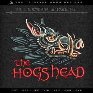 May include: Embroidered patch featuring a stylized boar's head in shades of green, red, and yellow. The text "The Hogs Head" is embroidered in red below the boar's head.