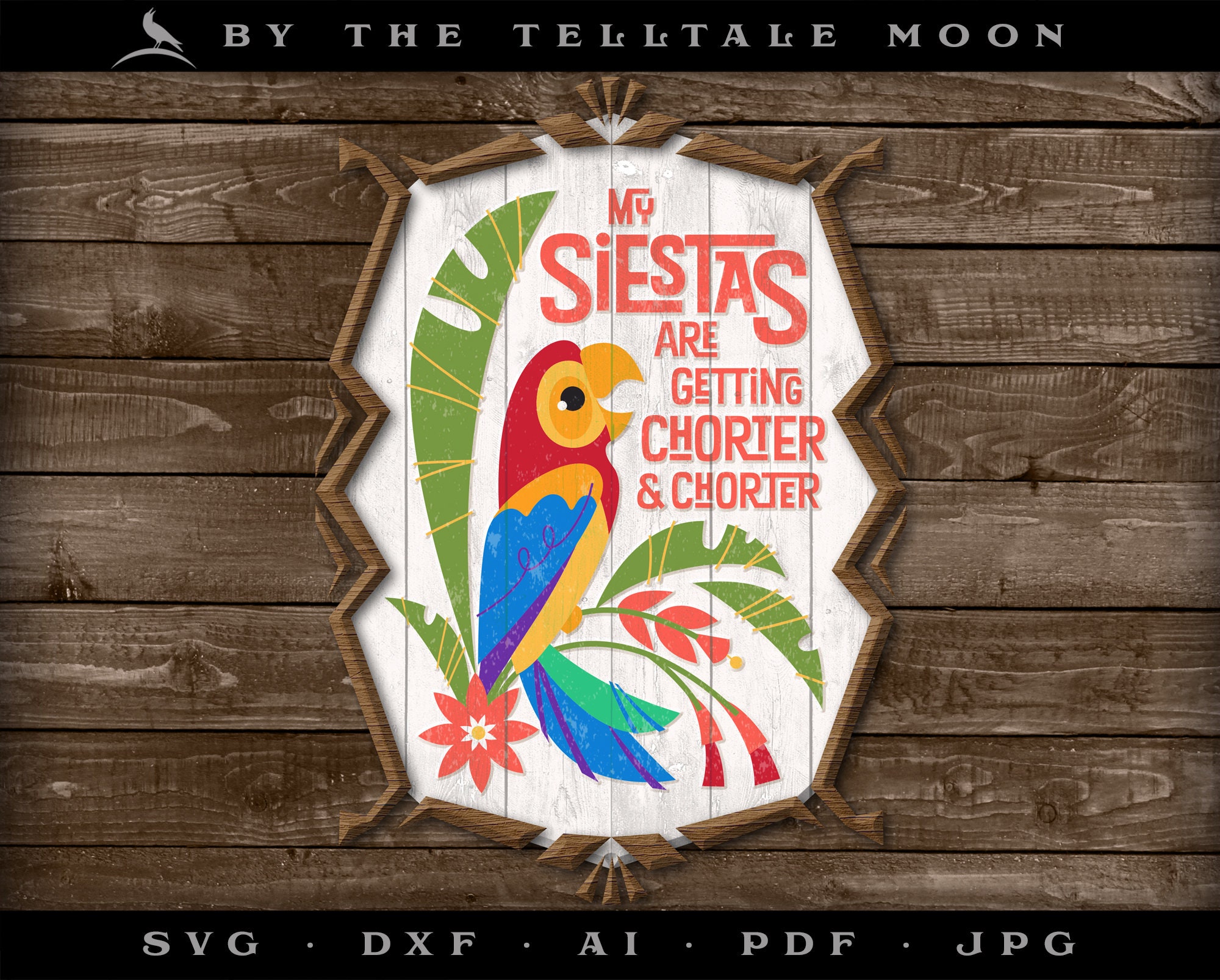 Art & Cut Files: Retro Tiki Room Inspired Design "Chorter and Chorter" Funny Parrot Artwork in Digital Format for Download - SVG, PDF, JPG