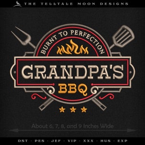 May include: Embroidered design for a BBQ logo. The logo features a red circle with the text "Burnt to Perfection" in white. Inside the circle is a yellow flame. Below the circle is a red banner with the text "Grandpa's BBQ" in gold. The banner is flanked by two crossed grilling tools, a fork and a spatula. Three gold stars are below the banner.