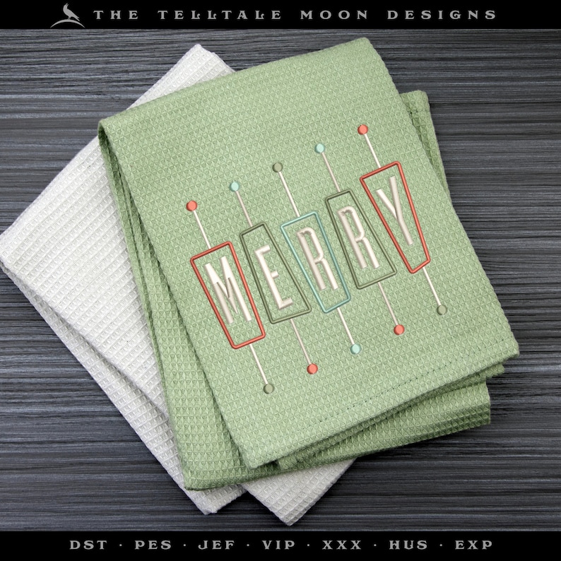 May include: Two green kitchen towels with a white towel underneath. The green towels have a red, white, and green embroidered design that says "MERRY" in a retro style.