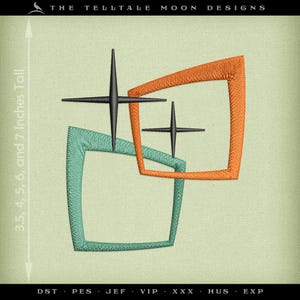 May include: A digital embroidery design featuring two overlapping squares, one orange and one teal, with black starburst shapes in the center. The design is 7 inches tall.