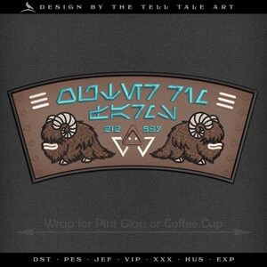 Drink Holder Embroidery Files – "Outer Rim Farms" Galactic Design – Machine Embroidery for Download  – Fits Pints & Disposable Coffee Cups