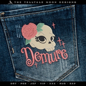 Demure Skull Embroidery Design – Four Sizes 3.5 to 6 Inches – Retro Humor Art