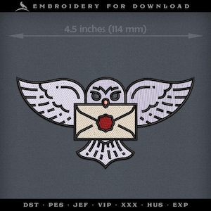 May include: Embroidered design of an owl carrying a sealed envelope. The owl is white with black eyes and a black beak. The envelope is beige with a red wax seal. The design is 114 mm wide.