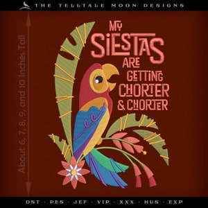 Tiki Parrot Embroidery Design: &quot;Chorter & Chorter&quot; (Digital Download)