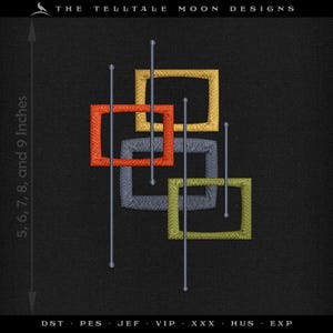 May include: An abstract design with four squares in different colors: red, yellow, green, and gray. The squares are overlapping and have lines extending from them. The design is on a black background.