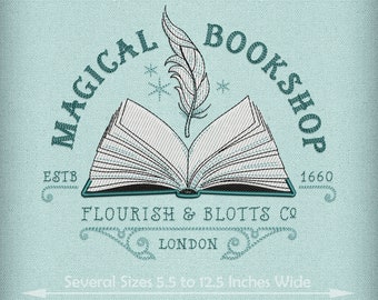 Embroidery: Sketch-style &quot;Magical Bookshop&quot; in Eight Sizes Between 5.5 and 12.5 Inches Wide - Four Colors - Several Formats