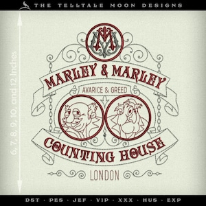 May include: An embroidered logo for Marley & Marley Counting House, London. The logo is red and grey and features two cartoon faces, a monogram, and the text "Avarice & Greed".