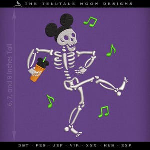 May include: A white skeleton with Mickey Mouse ears is dancing and holding a cup of coffee. The skeleton is on a purple background with green musical notes.