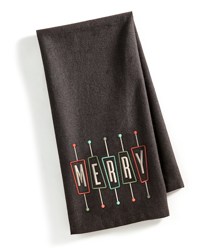 May include: Black kitchen towel with the word "MERRY" spelled out in colorful, retro-style signs.
