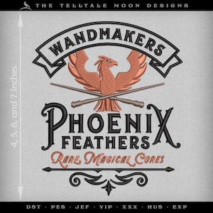 Machine Embroidery: Wizardry "Phoenix Feathers" Logo - 4, 5, 6, 7, 8, 7, and 10 Inches - Three Thread Colors - Several Formats