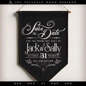 Può includere: Striscione di salvataggio della data di matrimonio di Halloween in bianco e nero con il testo "Save the Date" in un carattere corsivo decorativo. Lo striscione include anche il testo "For the Moonlight Duet of Jack & Sally", "October 31 Moonrise" e "Halloweentown".