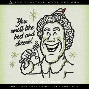 May include: Black and white line art illustration of a cartoon character with curly hair wearing a red hat. The character is holding a microphone and smiling. The text "You smell like beef and cheese!" is written above the character. The image is available in 5, 6, 7, and 8 inch sizes.