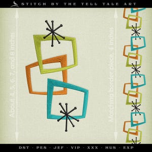 May include: An embroidered design featuring overlapping geometric shapes in green, orange, and teal, accented with black starburst details. The design includes text that reads "STITCH BY THE TELL TALE ART" and measurements of about 4, 5, 6, 7, and 8 inches.