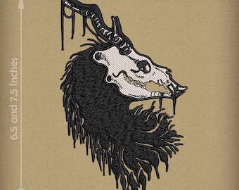 May include: Black and white embroidery design of a skull with horns and a dripping effect. The design is approximately 6.5 inches tall and 7.5 inches wide.