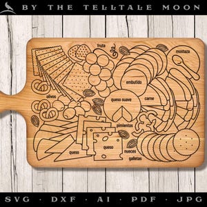 May include: A black and white line drawing of a charcuterie board with various food items, including crackers, cheese, olives, fruit, meat, and nuts. The food items are labeled in Spanish.