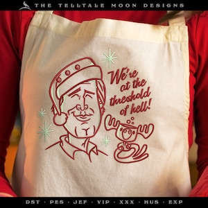 May include: A red and white Christmas-themed apron with a cartoon illustration of a man wearing a Santa hat and holding a mug. The text "We're at the threshold of hell!" is printed on the apron.