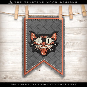 Broderie : fanion de chat rétro v.1 - Comprend à la fois le fanion et le chat seul - Le fanion mesure 7 et 20 cm ; Le chat mesure 3,5, 4 et 5 pouces