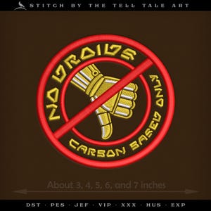 May include: Embroidered patch with a red circle and a diagonal red line through a yellow thumbs-down hand. The text "NO VRAIDS ONLY CARBON BASED" is in yellow. The patch is available in sizes from 3 to 7 inches.