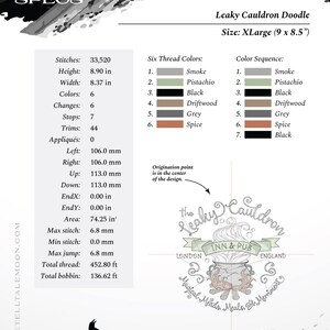 May include: Machine embroidery design of the Leaky Cauldron Inn & Pub from the Harry Potter series. The design features a cauldron with steam rising from it, surrounded by text that reads "The Leaky Cauldron Inn & Pub" and "Magical Meads, Meals, & Merriment". The design is 9 inches by 8.5 inches and uses six thread colors: smoke, pistachio, black, driftwood, grey, and spice.