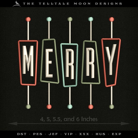 Midcentury Merry Embroidery Design – Three Sizes 4 to 6 Inches – Retro Christmas Sign
