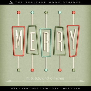 May include: A digital embroidery design of the word "MERRY" in white letters with a red, green, and blue outline. The letters are in a retro style with a pin-like design. The design is available in 4, 5, 5.5, and 6 inches.