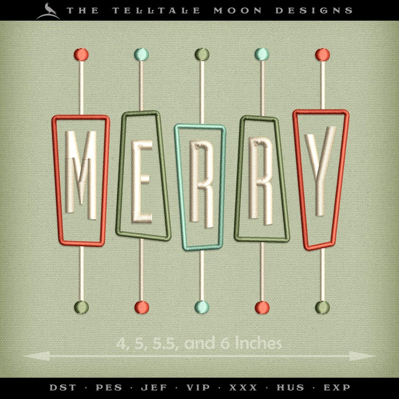 May include: A digital embroidery design of the word "MERRY" in white letters with a red, green, and blue outline. The letters are in a retro style with a pin-like design. The design is available in 4, 5, 5.5, and 6 inches.