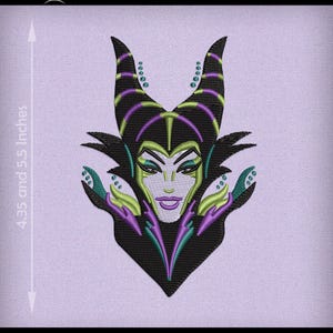 May include: An embroidered design of a character with black horns, a green face, and a purple mouth. The design is 4.35 by 5.5 inches. The text "FILES FOR DOWNLOAD" is at the top. The file types DST, PES, JEF, VIP, XXX, HUS, and EXP are listed at the bottom.
