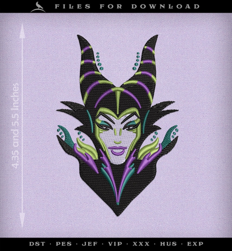 May include: An embroidered design of a character with black horns, a green face, and a purple mouth. The design is 4.35 by 5.5 inches. The text "FILES FOR DOWNLOAD" is at the top. The file types DST, PES, JEF, VIP, XXX, HUS, and EXP are listed at the bottom.