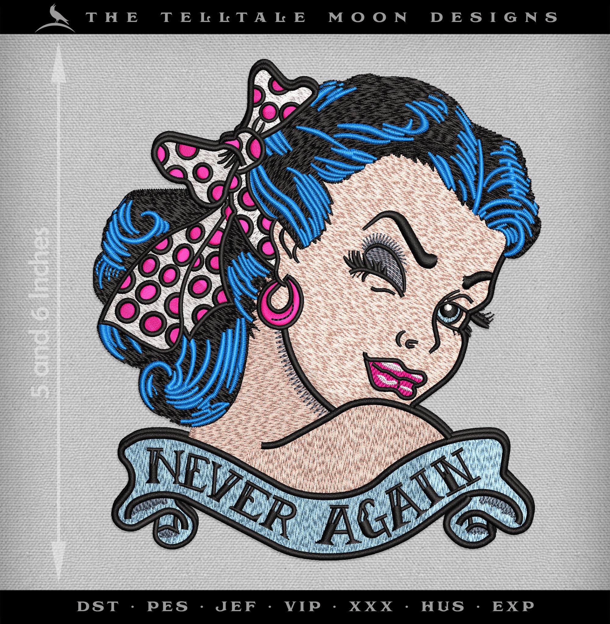 Never Again Pinup Embroidery – Retro Tattoo Style – 6-inch