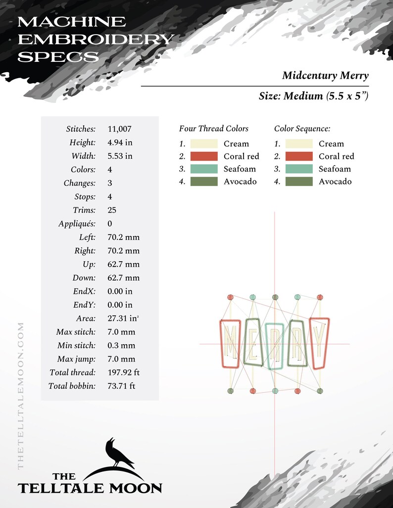 May include: Machine embroidery design for "Merry" in a mid-century modern style. The design uses four colors: cream, coral red, seafoam, and avocado. The design is 5.5 inches by 5.5 inches and includes 11,007 stitches.