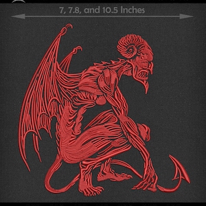 May include: Red embroidered design of a demon with wings and a tail, crouching with a hook in its hand. The design is available in 7, 7.8, and 10.5 inches. DST, PES, JEF, VIP, XXX, HUS, EXP.