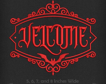 Stickerei: Gothic-Stil "Velcome" Vampir-Motiv - vier Größen zwischen 15 und 20 cm breit - eine Fadenfarbe